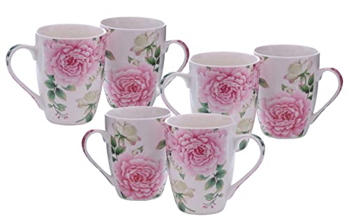 Kaffeebecher aus Porzellan 250 ml - 6er Set - Motiv: Rosen - Kaffeetasse Kaffeepot mit Henkel Tasse