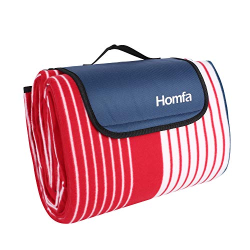 Homfa Picknickdecke XXL Stranddecke mit Tragegriff 200x200cm aus Fleece, wärmeisoliert und wasserdicht für Picknick Camping Reise Rot-Weiß Streifen
