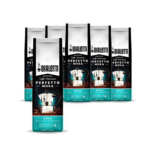 Bialetti - Perfetto Moka Deka: Gemahlener Kaffee mit mittlerer Röstung, Getreide-Aroma, 250g x 6, Beutel mit Aromaventil