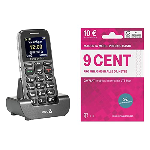 Primo 215 by Doro GSM Mobiltelefon mit Tischladestation (Notruftaste, Bluetooth, Taschenlampe) grau & Telekom MagentaMobil Prepaid Basic SIM-Karte ohne Vertragsbindung I 9 Ct pro Min und SMS