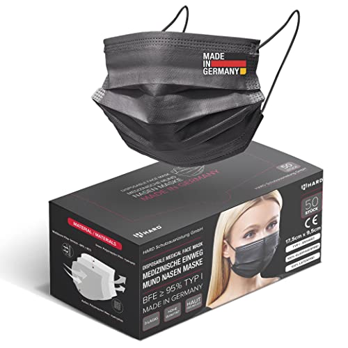 HARD 50x OP Maske Schwarz, Made in Germany, CE zertifiziert, Medizinischer Mundschutz, MNS TYP I EN-14683, 3-lagig, schützende Mund-Nasen-Bedeckung, Einweg-Gesichtsmasken Erwachsen - Derma Test