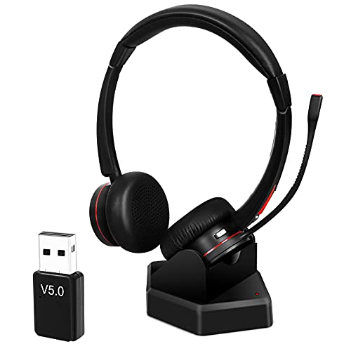 Mairdi Wireless Headset mit Mikrofon Noise Canceling, Stereo Bluetooth 5.0 Headset mit Ladestation, mit USB Bluetooth Adapter für Handy PC Call-Center Büro Zoom Microsoft Team Skype Chat