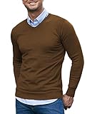 COOFANDY Herren-Pullover, V-Ausschnitt, gerippt, schmale Passform, langärmelig, Pullover - Braun - X-Groß
