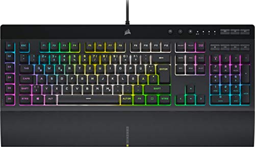 Corsair K55 RGB PRO XT Kabelgebundene Membran-Gaming-Tastatur (Dynamische RGB-Hintergrundbeleuchtung, 6 Makro-Tasten mit Elgato Software-Integration, IP42 Staub-und Spritzwasserschutz) QWERTZ, Schwarz