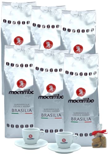 Mocambo Espresso Brasilia E Aroma Silber 6x 1000g plus 2x Mocambo Espresso Tasse | Ganze Bohnen | Kräftig-Vollmundiger Espresso | Traditionelle Langzeit-Trommelröstung | + 125g Jassas Gebäck
