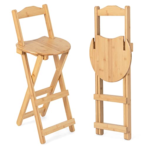 GOPLUS 2er Set Barhocker, Barstühle aus Bambus mit Rückenlehne, Küchenstühle klappbar mit Fußstütze für Küche, Bar & Bistro, Natur, 28 x 34 x 84 cm (Barhocker)