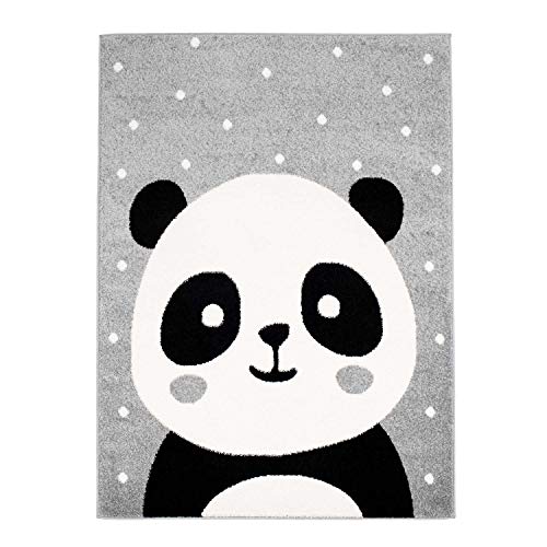 MyShop24h Kinderteppich Kurzflor Spielteppich Teppich fürs Kinderzimmer Flachflor mit Panda-Bär weiß gepunktet in 3 Farben, Größe in cm:140 x 200 cm, Farbe:Grau