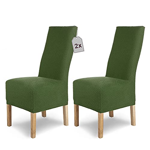 SCHEFFLER-Home Stuhlhussen Stretch Luna-Lang / Stuhlüberzug 2er Set Grün / elastische Flanell Stuhlabdeckungen / Stuhlhussen Schwingstühle / Spann-Bezug Stuhl Überwurf als eleganter Schonbezug
