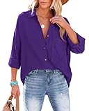 NONSAR Bluse Damen Lässiges Hemd mit V-Ausschnitt 100% Baumwolle Lockere Passform Solide Dickes Oberteil Elegant mit Tasche(9353M,Violett)