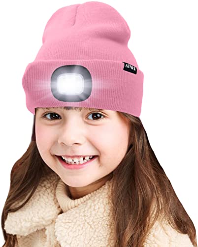 ATNKE Kids LED beleuchtete Mütze mit Licht, USB Wiederaufladbare 4 LED Scheinwerfer wasserdichte Winterwärmer Strick Nachthüte mit leichten Jungen Mädchen (Rosa, 1PCS)