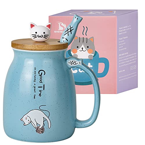 Katze-Becher Süße Kaffeetasse aus Keramik mit Kawaii-Katze Holzdeckel und schöner Löffel aus Edelstahl Neuheit Morning CupKaffee-Milch-Tee-Becher - 3D-Tier Katzen-Tassen für Katzenliebhaber Frau Blau