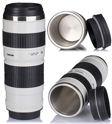 Grinscard Kaffeebecher mit Drink & Go Deckel - Weiß Kameraobjektiv Design 0,5l - Gadget Thermotasse für Unterwegs