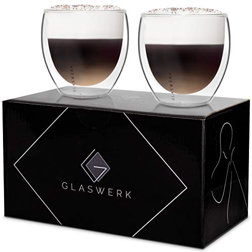 GLASWERK Premium Latte Macchiato Gläser doppelwandig (2 x 250ml) Cappuccino Tassen - Doppelwandige Gläser aus Borosilikatglas - Spülmaschinenfeste Teegläser Kaffeetassen Set -Thermogläser doppelwandig