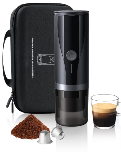 Tragbare Akku Kaffeemaschine mit Selbstaufheizend in 3-4 Minuten, 20 Bar 12V 24V Auto Espressomaschine mit Tragekoffer, Kompatibel mit NS Kapseln & Kaffeepulver, Mini Kaffeekocher für Camping, Reise