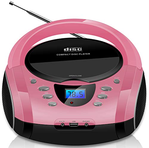 Tragbare Boombox | CD/CD-R | USB | FM Radio | AUX-In | Kopfhöreranschluss | CD-Player | Kinder Radio | Boombox | CD-Radio | Stereoanlage | Kompaktanlage (Pretty Pink)
