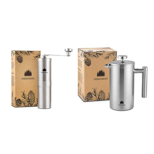 Groenenberg Spar-Pack 5 | Kaffeemühle manuell + French Press Edelstahl 1 Liter | Handkaffeemühle | Kaffeebereiter