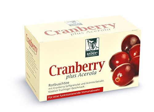 BADERs Cranberry plus Acerola Tee aus der Apotheke. Rotbuschtee mit Cranberry-Saftgranulat. Vegan. 20 Filterbeutel. PZN: 06919307