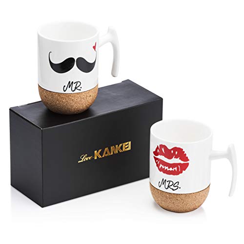 Love-KANKEI MR MRS Tassen Kaffeetassen Hochzeitsgeschenk Tassen für Paare 300ml, Korkboden Design Keramik, Geschenk für Pärchen Brautpaar Ehepaar zur Hochzeit Valentinstag Weihnachten