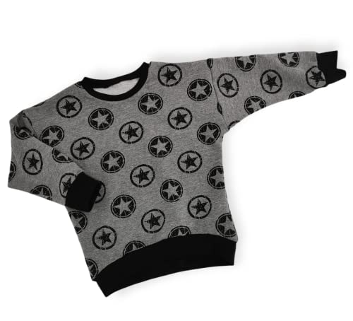 Baby Pullover Sweater Sterne grau schwarz Handmade Puschel-Design (62/68)