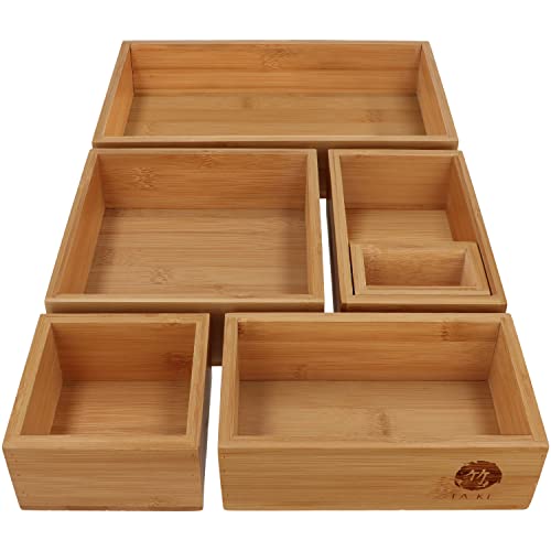 TAKE® 6-teiliges Schubladen Ordnungssystem aus 100% Natur Bambus - Boxen in vers. Größen für Küche, Bad & Büro, Schminktisch Organizer Bad, Drawer Organizer