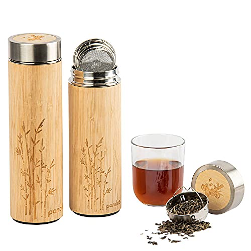 pandoo Bambus Thermobecher - doppelwandige Thermoflasche, Reisebecher, Teebereiter, Teeflasche, Trinkflasche mit Edelstahl Teesieb- BPA-frei - Tea to-go