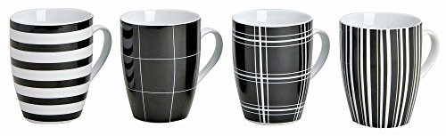 Modernes Porzellan Kaffeetassen 4er Set I 10cm hoch - Ø 8cm - 300ml I Große Kaffee Tasse in schwarz / weiß gestreift & kariert