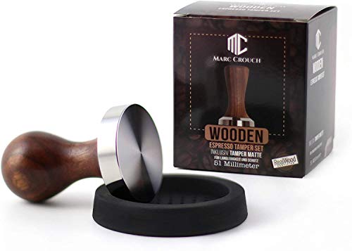 Marc Crouch® 51mm Kaffee Tamper Set aus hochwertigem Buchholz und Edelstahl inkl. Silikonmatte 58mm + 3 Stencil/Schablonen – Intensiver Caffee Genuss Dank Espresso Stempel (51mm)