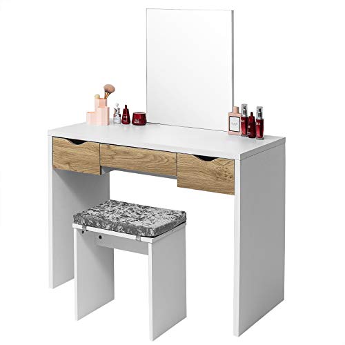 EUGAD Schminktisch mit Hocker, einem große Spiegel und 3 große Schubladen, 100x49,5x129,5cm(L*B*H), Schreibtisch Kosmetiktisch Set mit große Tischplatte, Weiß+Eiche