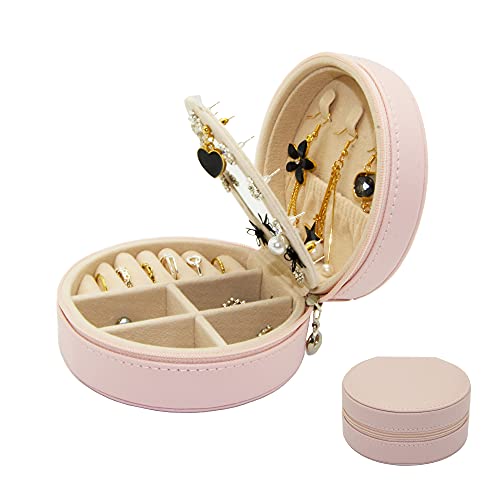 Aufbewahrungsbox für Ohrringe, Ringe, Halsketten, Armbänder 2-lagige Aufbewahrungsbox mit Spiegel, PU-Leder, geeignet für Frauen, Mädchen, Rosa, runde Form (Rosa)
