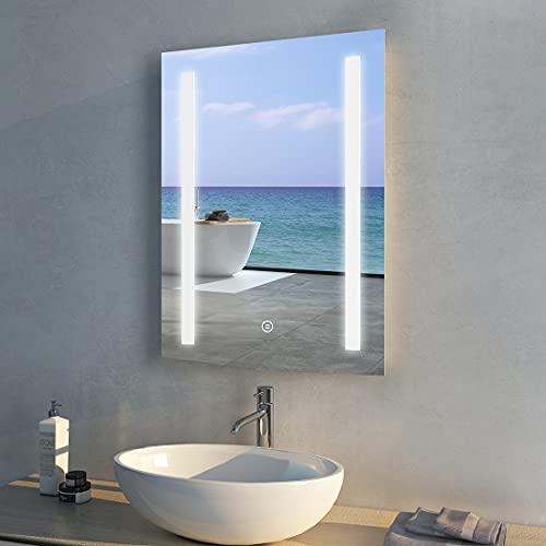 Meykoers Beleuchteter Badezimmerspiegel 50x70cm Badspiegel LED Spiegel mit Touch-Schalter und Defogging Kaltes weißes Licht Energie sparen IP44