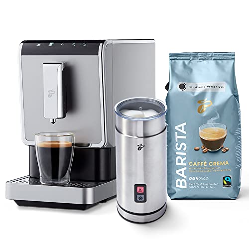 Tchibo Kaffeevollautomat Esperto Caffè 1.1 inkl. elektrischer Milchaufschäumer und 1kg Barista Caffè Crema für Caffè Crema, Espresso und Milchspezialitäten, Silber
