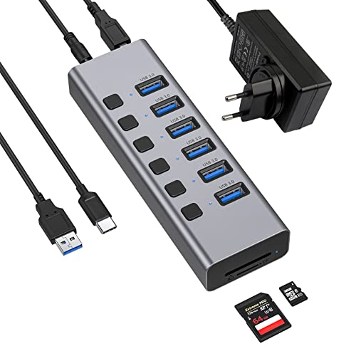 8-Port USB 3.0 Hub mit Individuellen EIN/Ausschaltern und 5V/4A Netzteil, Aluminium USB Splitter mit 6 USB 3.0 Data Ports und SD/TF Kartenleser für Laptop, PC, Mobile HDD, Flash Drive und Mehr