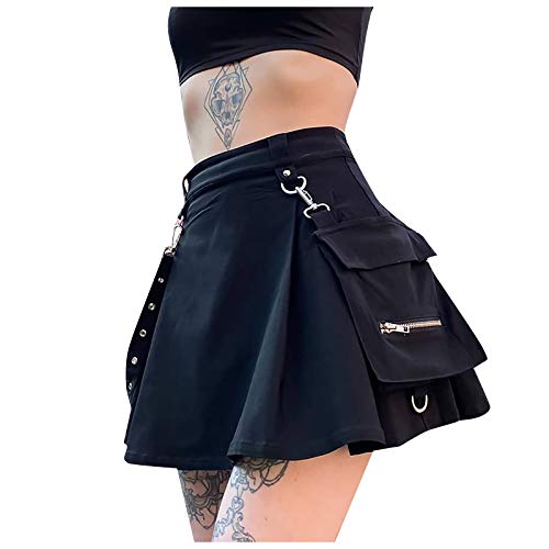Damen Rock Gothic schwarz mit Kette und Tasche High Waist Punk A-Linie Rock Kurzer Aushöhlen Minirock sexy Tennis Skate Skirt