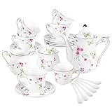 fanquare 15 Stück Blume und Schmetterling Porzellan Tee Sets, Keramik Teeservice für 6 Personen, Hübsches Nachmittags Kaffeeset