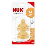 NUK First Choice+ Latex-Trinksauger, für ein natürliches Trinkgefühl, kiefergerechte Form, Größe 1, 0-6 Monate, M für Milch, 2 Stück (1er Pack)