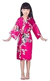 Westkun Mädchen Kimono Kinder Morgenmantel Satin Seide Japanisch Roben Kurze Blumen Muster Bademantel(Rose Rot,Tag 10)