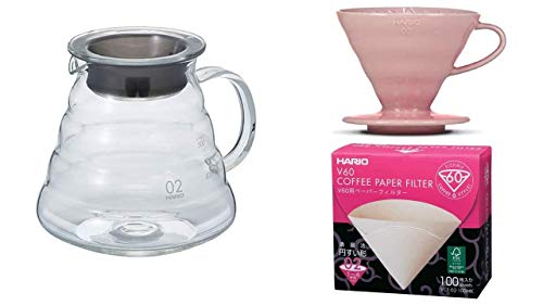 HARIO Kaffee Set Kaffekanne mit passendem Kaffefilter pink V60, Größe 2 und Filterpapier XGS-60TB + VDC-02-PPR-BB + VCF-02-100W