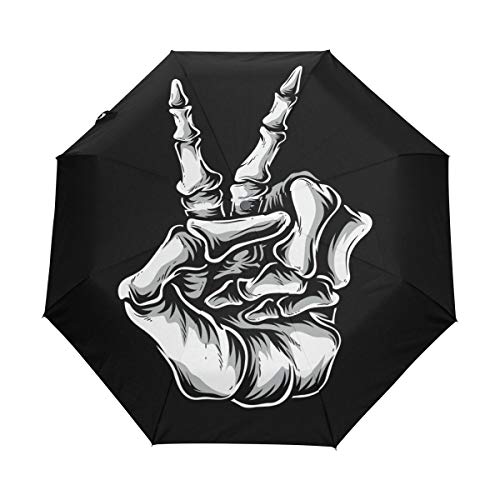 Friedensskelett Sieg Regenschirm Taschenschirm Auf-Zu Automatik Schirme Winddicht Leicht Kompakt UV-Schutz Reise Schirm für Jungen Mädchen Strand Frauen