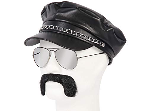 Alsino 80er Jahre Rocker Outfit - 3-teilig (Kv-146) Greek Cap Pride LGBTQ Schwarz Plus Schnurrbart und Pilotenbrille