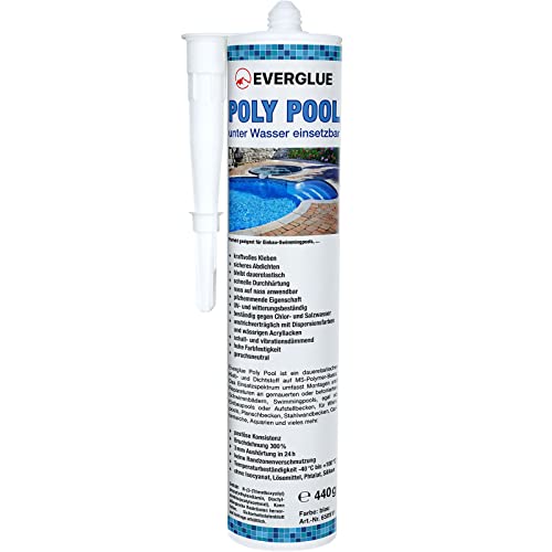 Everglue Poly Pool 1K MS-Polymer Montagekleber zum Kleben und Abdichten, unter Wasser einsetzbar, ohne Silikon, UV-beständig, bleibt dauerelastisch, Farbe: Blau, 440g Kartusche