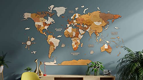 Hölzerne Weltkarte Wanddekoration - mehrschichtig, gebeiztes Holz, eingravierte Namen - einzigartiger 3D-Effekt - für Wohnzimmer, Büro und Schlafzimmer XL (200x115 cm)