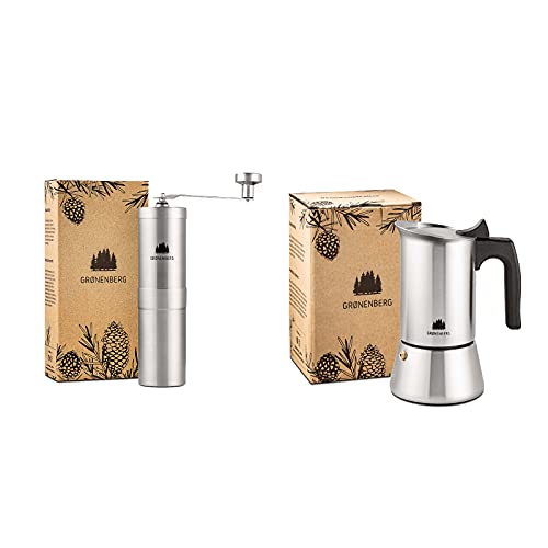 Groenenberg Spar-Pack 1 | Kaffeemühle manuell + Espressokocher Induktion 4 Tassen Edelstahl | Handkaffeemühle | Espressokanne