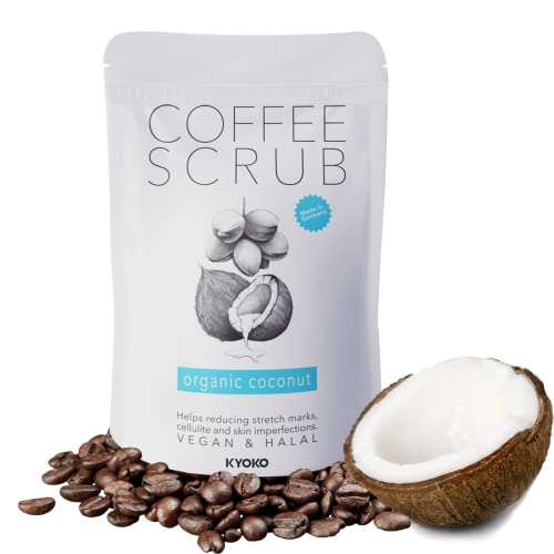 KYOKO Cosmetics Body Scrub | Natürliches Kaffee Peeling | Gegen Cellulite, Dehnungsstreifen | Doppelte Koffeinmenge | Anti-Aging | Bio-Kokosöl | Natur-kosmetik | Halal & Vegan | 220 gr