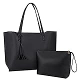 NUBILY Handtaschen Damen Shopper Damen Groß Schwarz Leder Umhängetasche Henkeltasche 2PCS Set Einfach Tote Bag Schultertasche für Schulgeschäft und Reisen