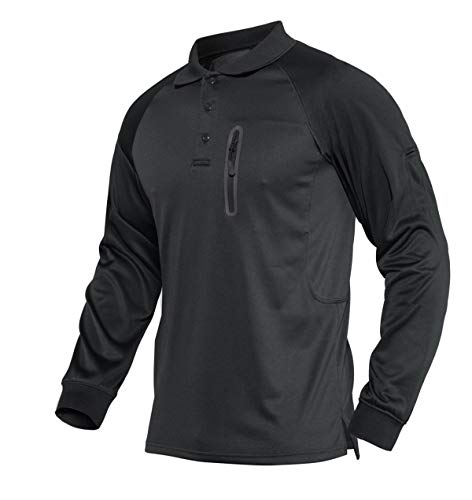 KEFITEVD Langarm Poloshirt Herren Golf Polo mit Zip-Tasche Outdoor Shirt Longsleeve Winter Wandershirt Atmungsaktiv Männer T-Shirt Schwarz L