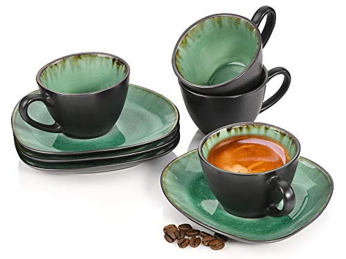 SÄNGER | Espressotassen Set Palm Beach mit Untertassen, 8-teiliges Espressotassen Set aus Steingut, Modernes Design, Fassungsvermögen 80 ml