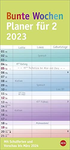Bunte Wochen Planer für zwei 2023 - Wandkalender mit Monatskalendarium, 3 Spalten, Schulferien, 3-Monats-Ausblick Januar bis März 2024 - 21 x 45 cm