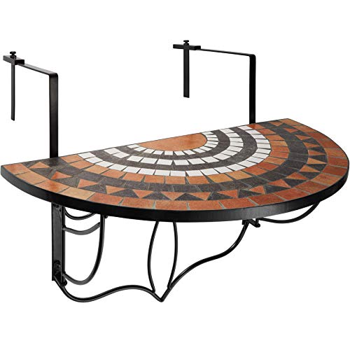 TecTake 800570 - Balkonhängetisch zusammenklappbar, Halbkreisförmiges Design, Tischplatte aus Steinmosaik - Diverse Farben (Terra-Weiß | Nr. 402774)