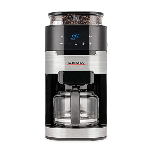 Gastroback 42711 Kaffeemaschine Grind & Brew Pro, Filterkaffeemaschine mit integriertem Mahlwerk, Kegelmahlwerk mit 8 Mahlstufen, Soft-Touch LCD-Display, Glasskanne, 12 Cups, Schwarz/Edelstahl