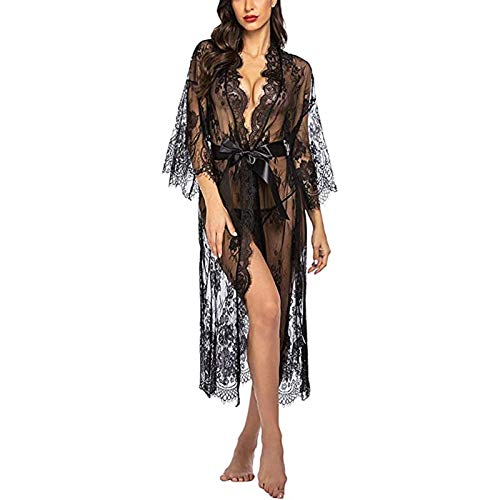 Yiyu Damen Dessous Kleid Lang Kimono Spitze Negligee Nachtwäsche Transparente Robe Set Cardigan Mit Gürtel Und G-String Bikini Cover Up x (Color : Black, Size : M)